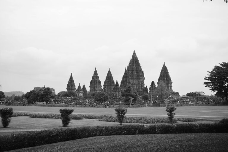 Monochrome view of Prambanan Temple, a historic Hindu landmark in Yogyakarta, Indonesia.